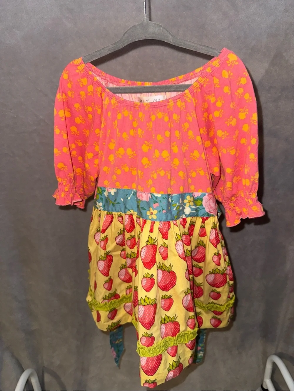 Matilda Jane Pink and Yellow Strawberry Print Off-Shoulder top